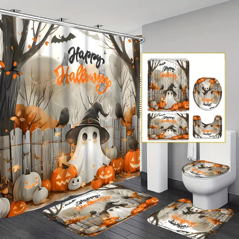 4pcs Halloween Themed Shower Curtain Set